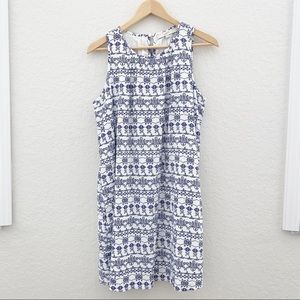 LOFT Mini Shift Dress White w/ Blue Mosaic Print